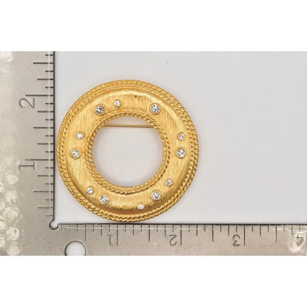 Vintage Chunky Round Pin Brooch Textured Matte Rhinestone Crystal Heavy 1980s 9B